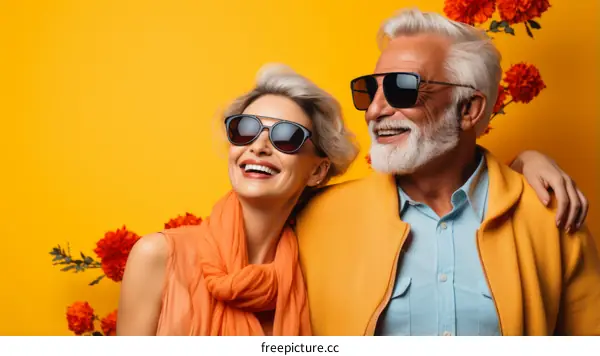 Happy old couple with sunglasses smiling