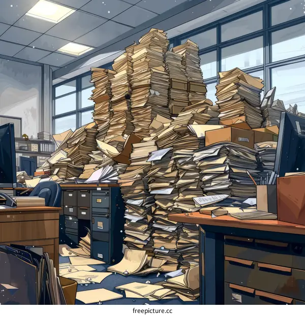 A large stack of papers and boxes in an office