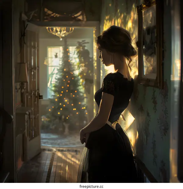 Woman in Black Dress Standing by Christmas Tree