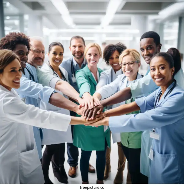 Multiracial group of doctors joining hands in unity