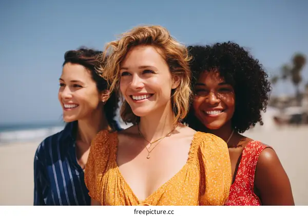 Three Diverse Women Smiling on the Beach