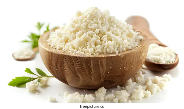 Closeup of White Granulated Sugar in a Wooden Bowl