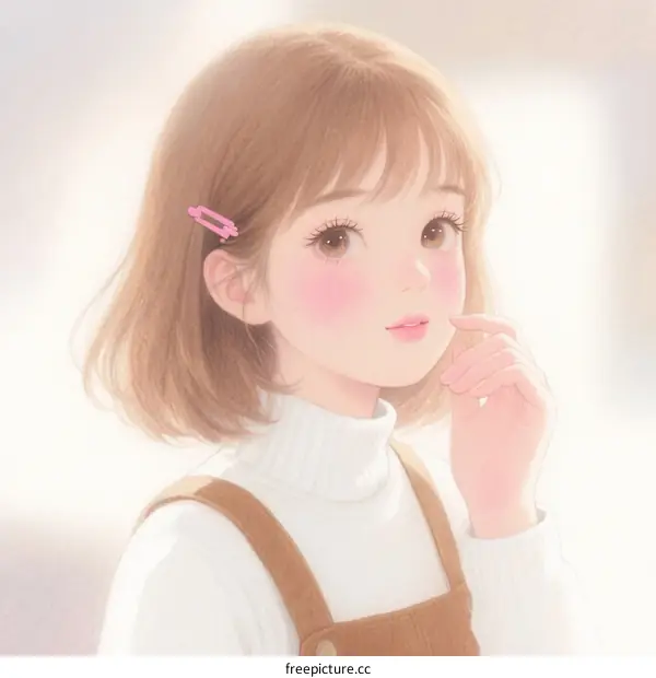 Cute Young Girl with Short Brown Hair and Pink Hairpin