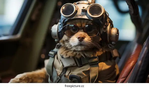 Cute Dog Pilot in Cockpit Wearing Aviator Hat and Goggles