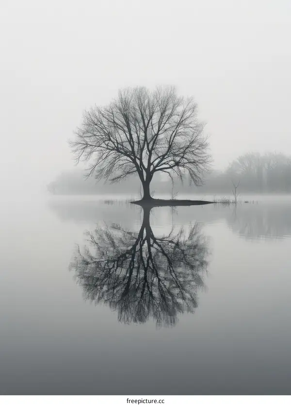 A Solitary Tree in the Midst of a Misty Lake