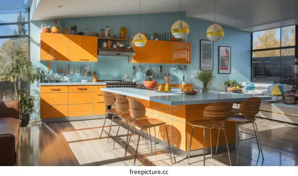Stylish Blue and Orange Kitchen with Large Windows