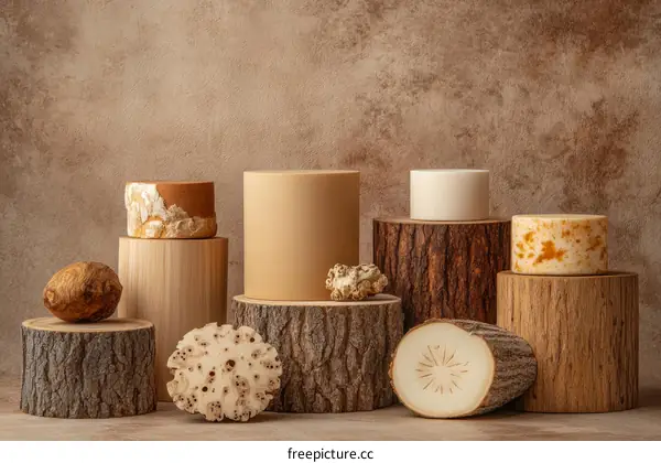 Natural Wood Display Stand with Decorated Objects