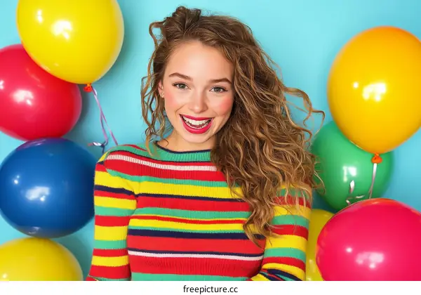 Smiling Young Woman with Colorful Balloons