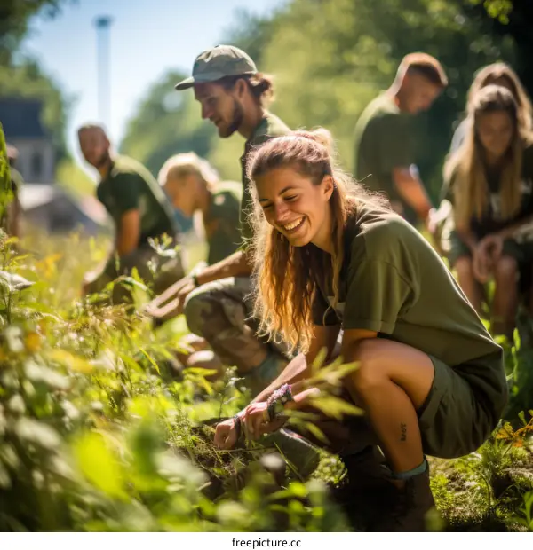 Group of volunteers planting in the community garden
