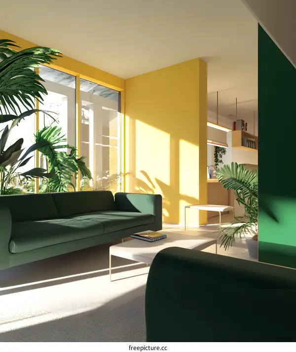Modern Living Room Interior Design with Green and Yellow Walls