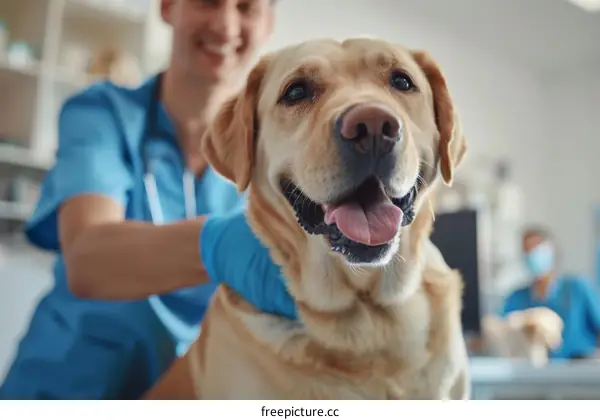 Close-up of a happy dog being examined by a veterinarian in a veterinary clinic