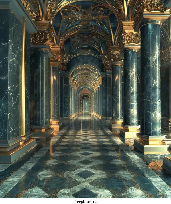 Ornate Hallway with Marble Columns and Gold Accents