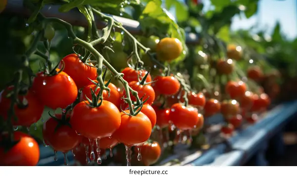 Close-up of ripe tomatoes growing in a greenhouse