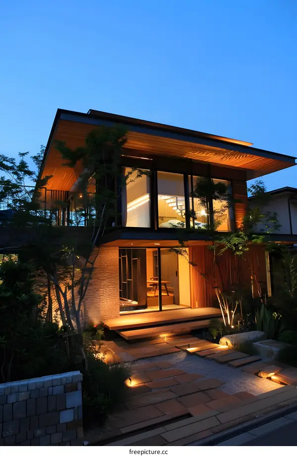 Modern Japanese Style House With Stone Pathway And Lights At Night