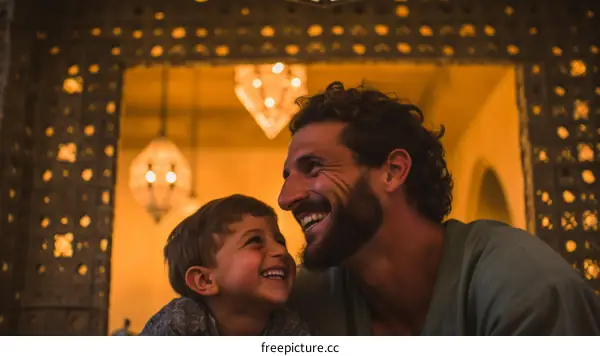 Father and son laughing together