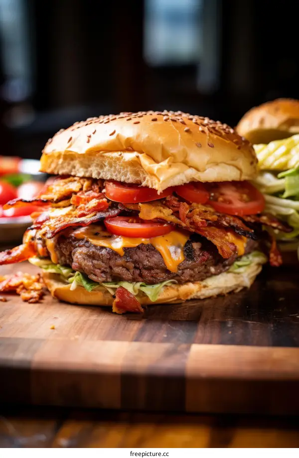 A delicious cheeseburger with bacon and tomato on a sesame seed bun