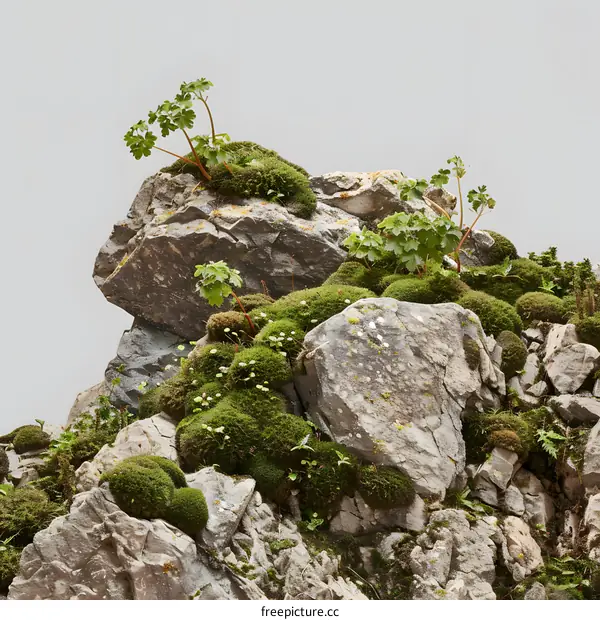 Green Moss Growing On Rocks With White Background