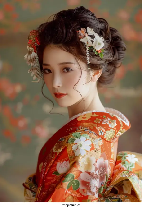 Beautiful Japanese Woman Wearing Traditional Kimono