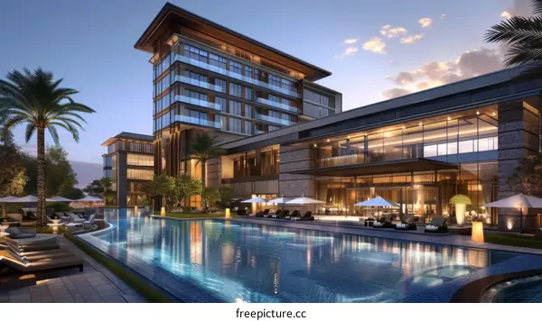 Modern architecture of an upscale hotel with an outdoor pool and palm trees