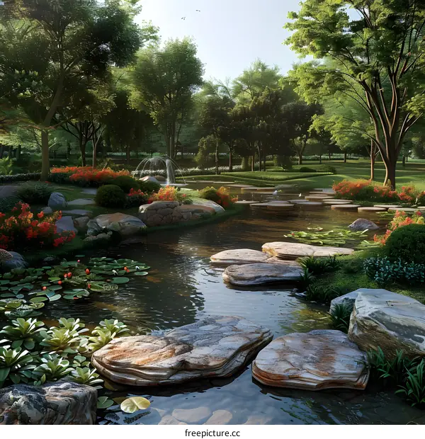 Stepping stones in a pond in a lush green garden