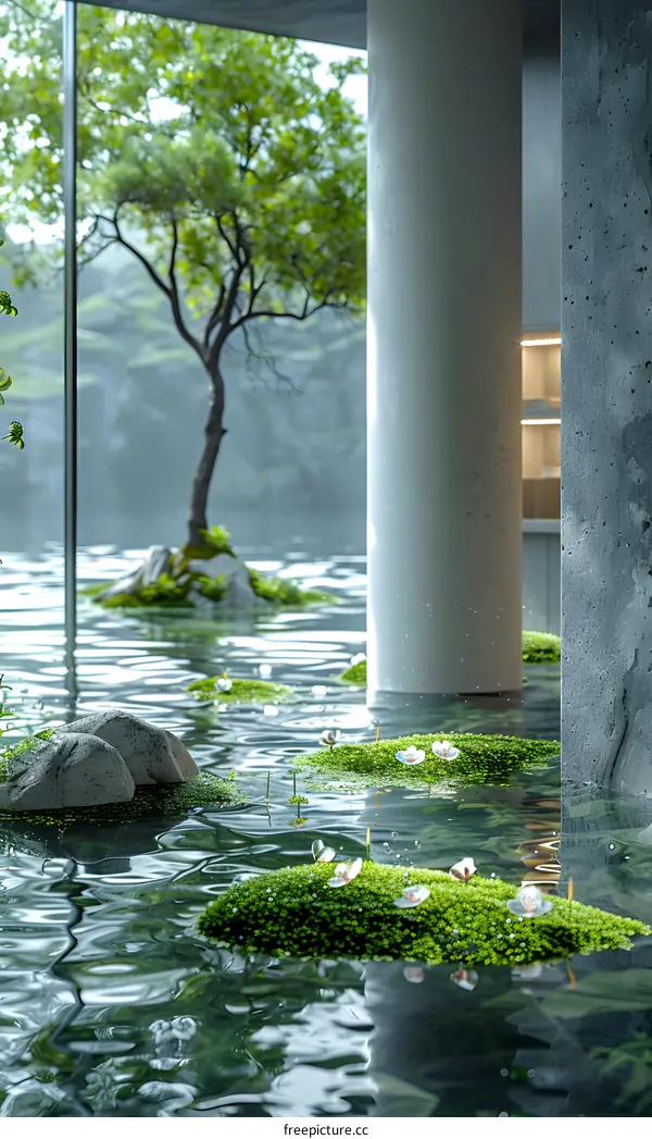 A flooded interior design with a tree in the background