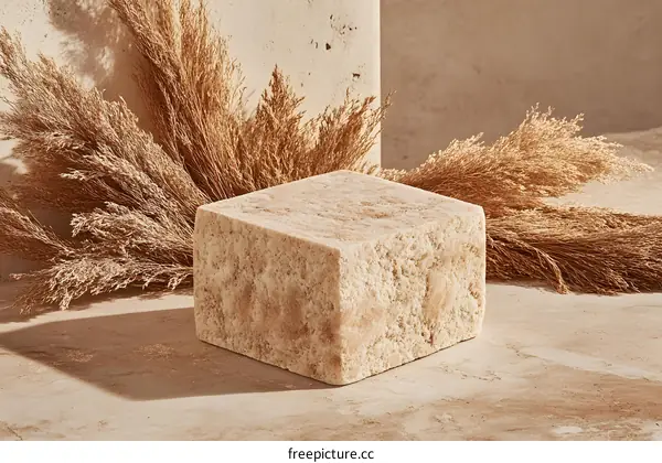 Beige Stone Block with Dried Pampas Grass