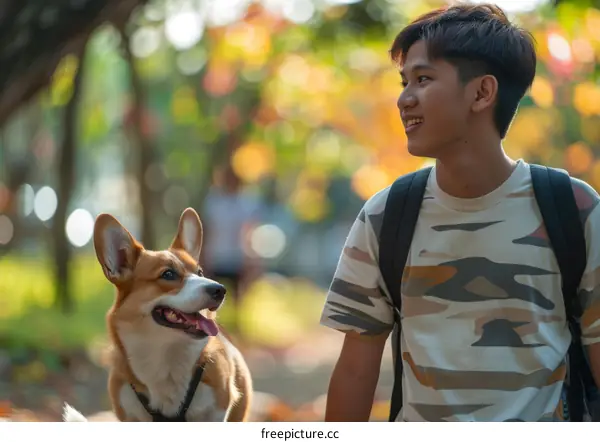 Asian young man with a backpack smiling at his cute corgi dog in the park