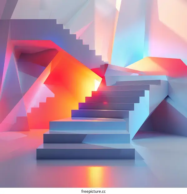 Abstract, Colorful 3D Rendering of Stairs in a Room