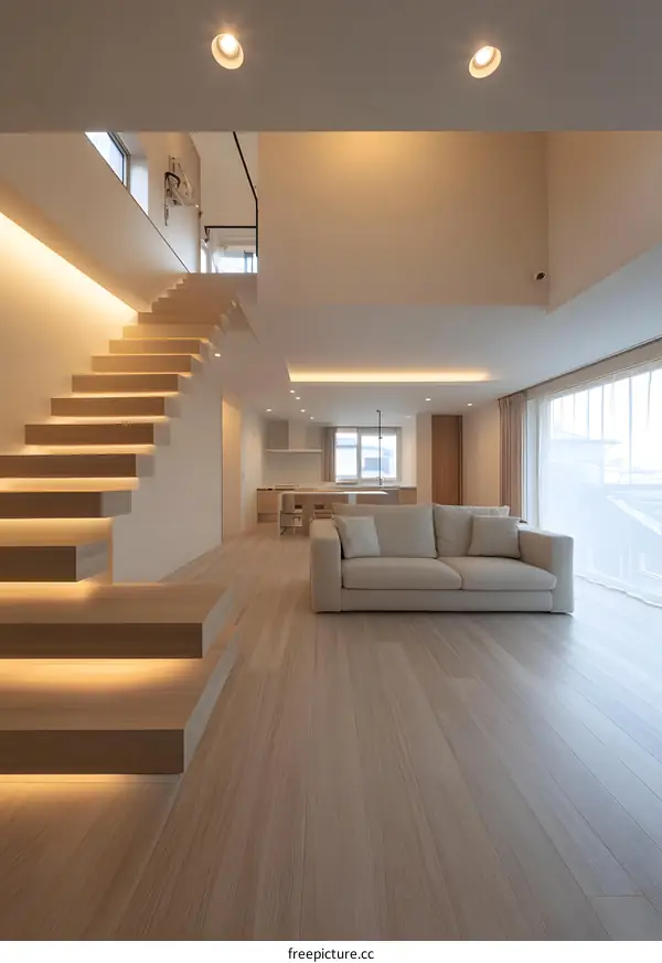 Modern Minimalist Living Room with Wooden Stairs and White Sofa