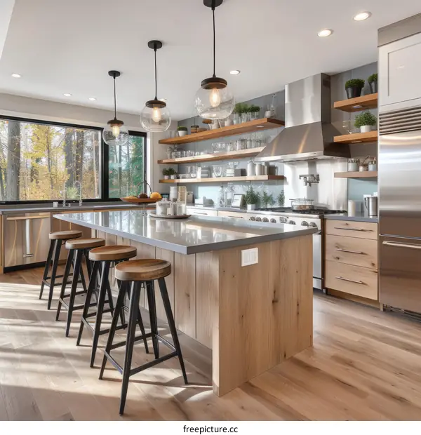 Rustic Kitchen With Large Island and Wood Cabinetry