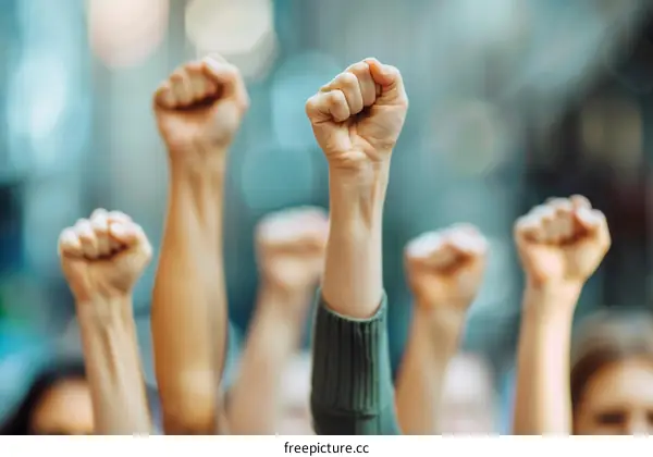 Activists of different ethnicities raising their fists in protest