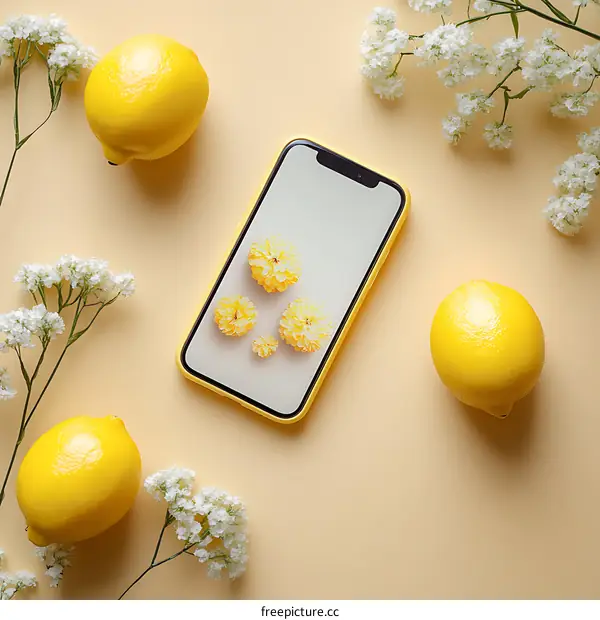 Yellow Lemon and Flowers with a Smartphone on a Yellow Background