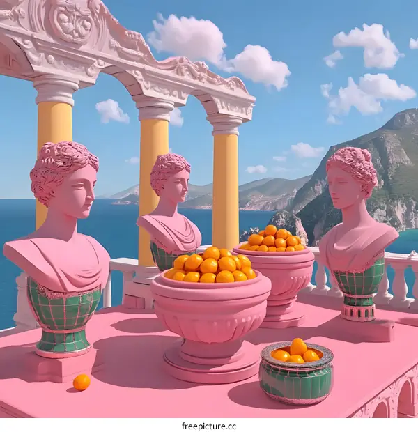 Greek Statues with Oranges and Sea View