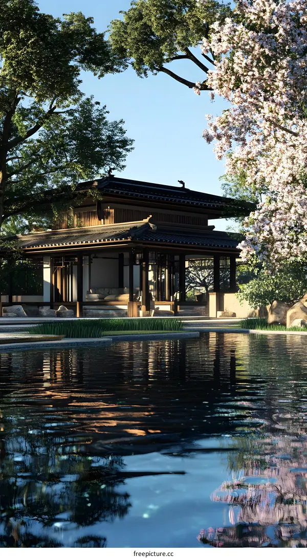 Traditional Chinese Architecture With Pond and Trees