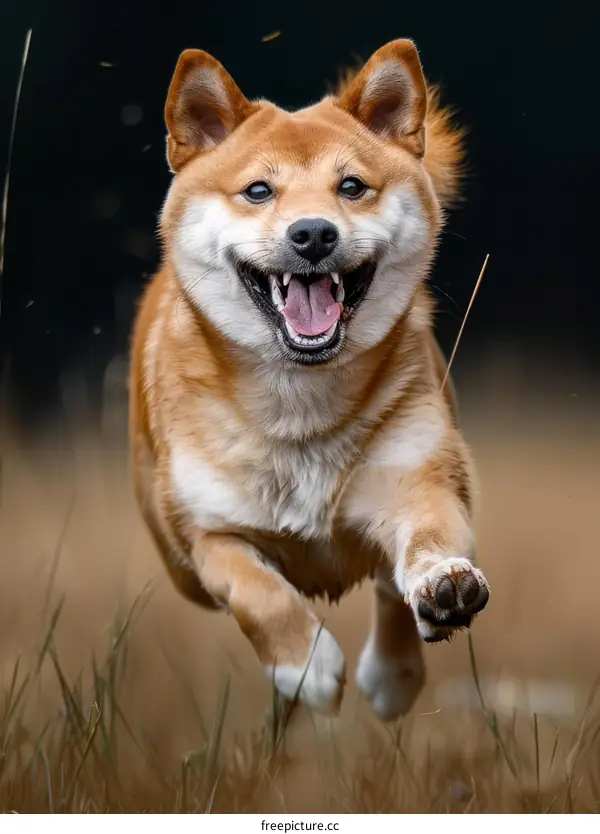 A happy Shiba Inu running in mid-stride on a grassy field with a dark background