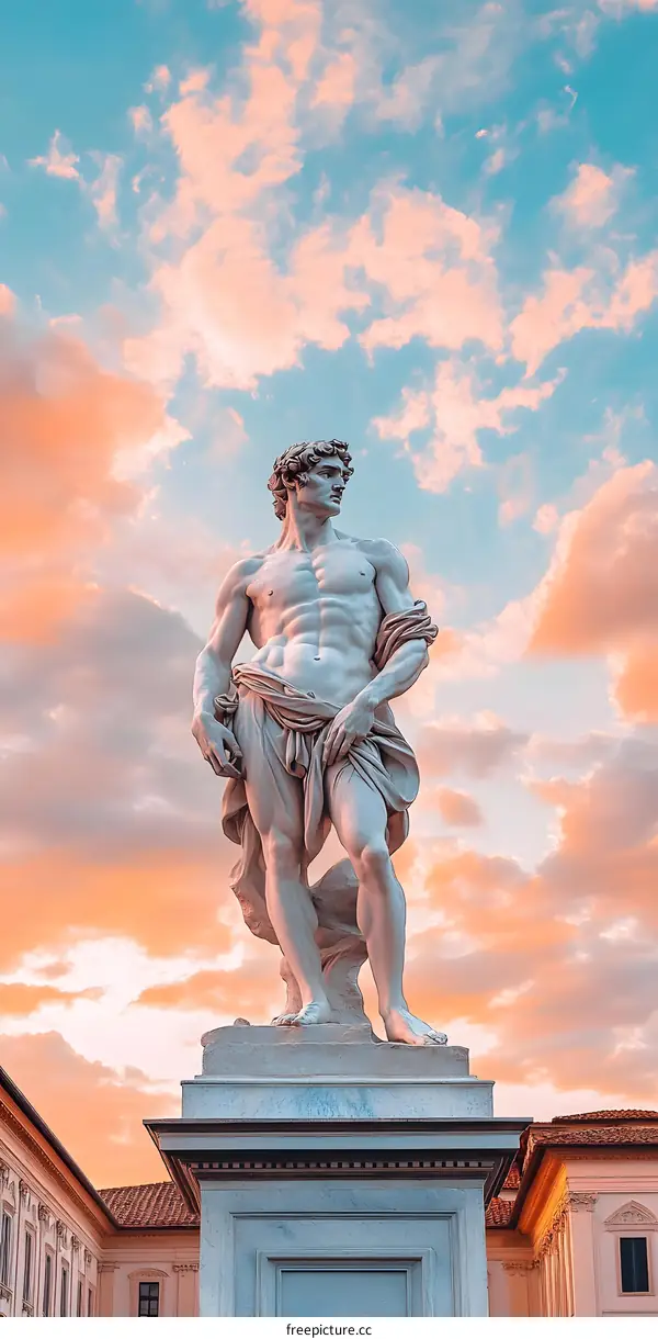 Marble Statue of a Man with a Dramatic Sunset Sky