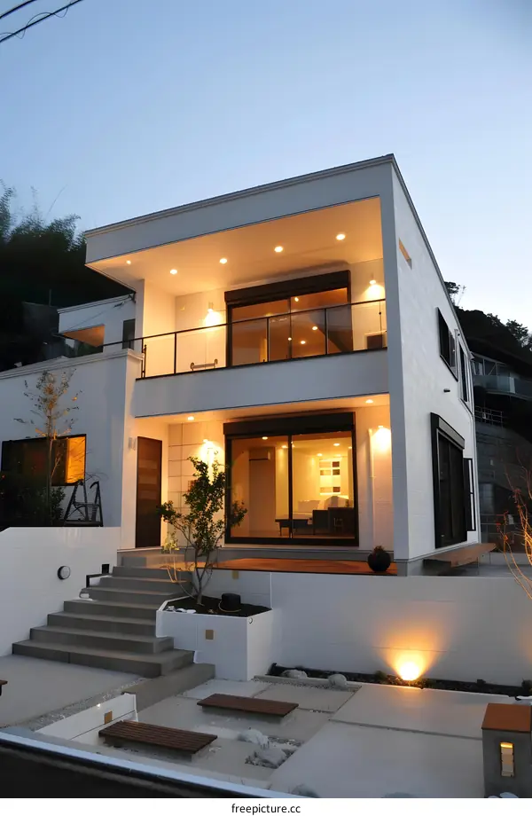 Modern White Two Story House with Balcony and Garden