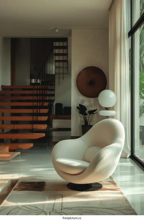 Modern Minimalist Living Room with White Curvy Chair and Natural Light