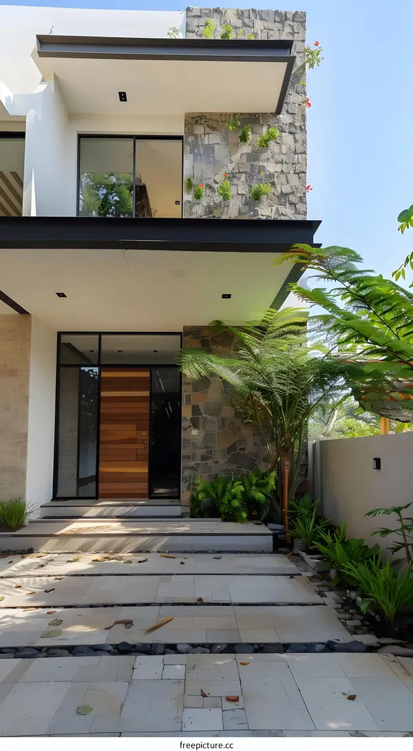 Modern Home Exterior Design with Stone Wall and Wooden Door