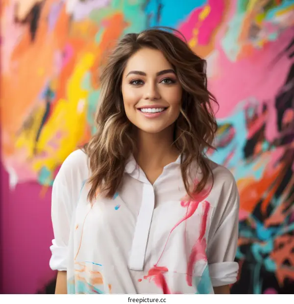 Portrait of a young woman with long brown hair smiling in front of a colorful background