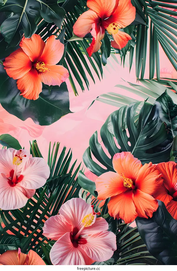 Tropical Flowers and Leaves on Pink Background