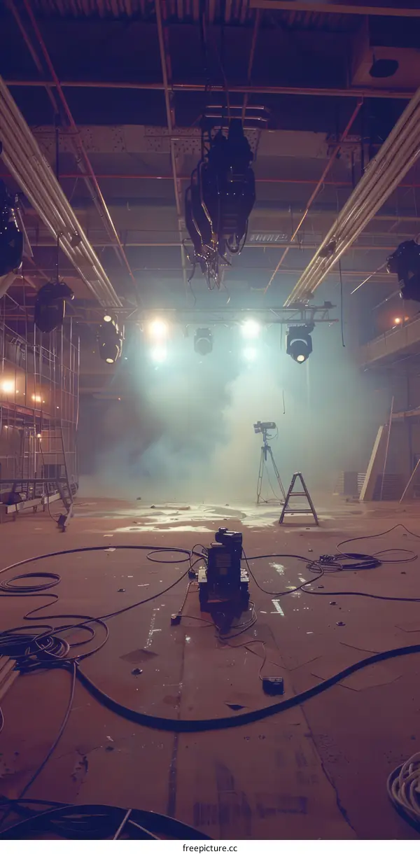 Stage lights and cables on the floor of an empty room