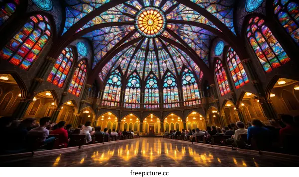 Gothic Church Interior with Stained Glass and Congregation