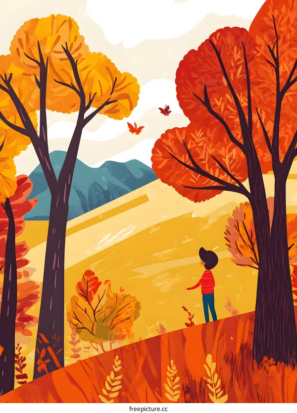 Autumn Landscape with a Girl Looking at Butterflies