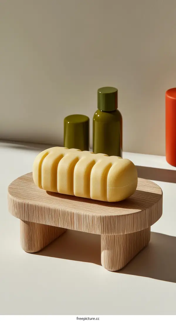 Wooden Soap Dish with Natural Soap and Bottles