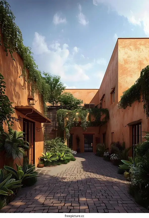 Cobblestone Pathway Leading to a Courtyard with Lush Greenery