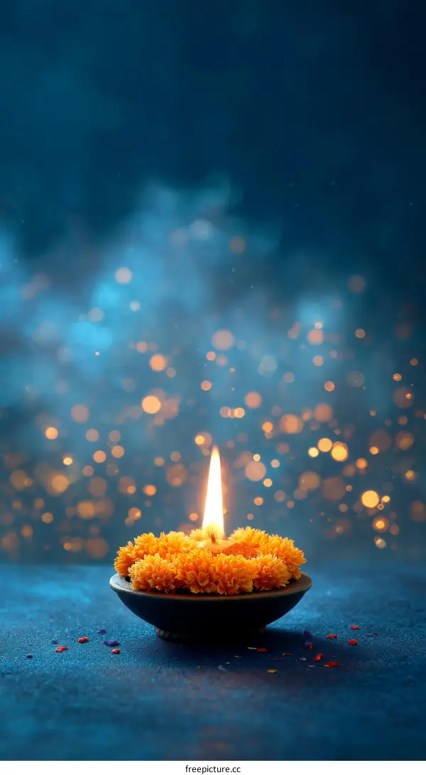 Warm Diwali Diya with Orange Flowers