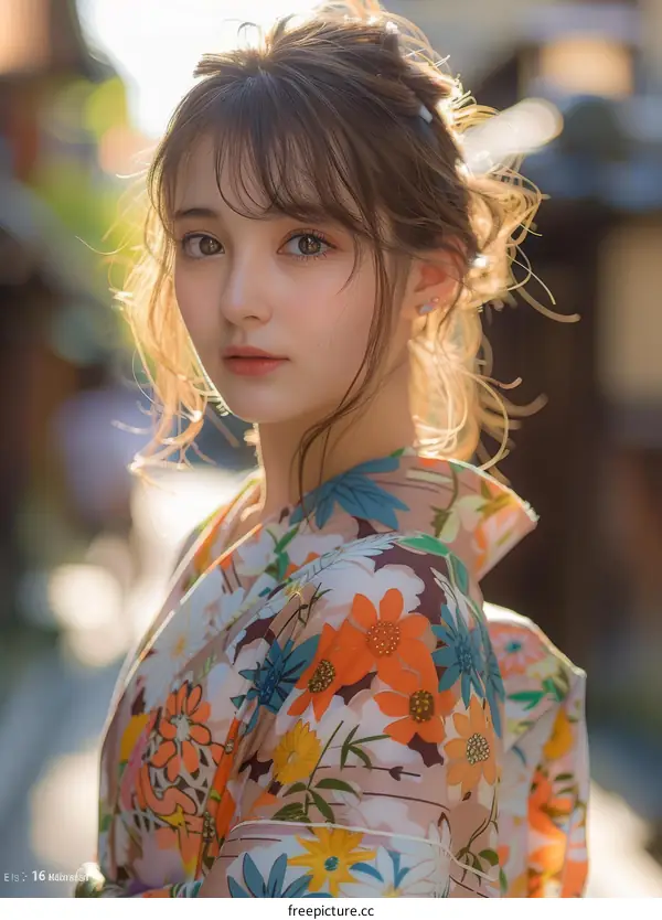 Asian Woman in Traditional Japanese Kimono in Outdoor Setting