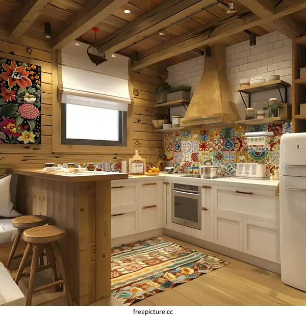 A cozy kitchen with a breakfast bar and a colorful rug
