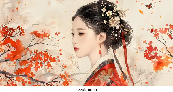 A beautiful Chinese woman in traditional dress stands in a field of red flowers.